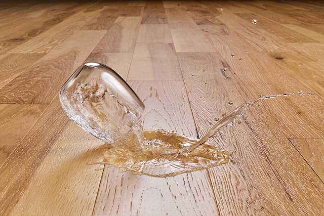 Glass dropping and spilling on an engineered hardwood floor